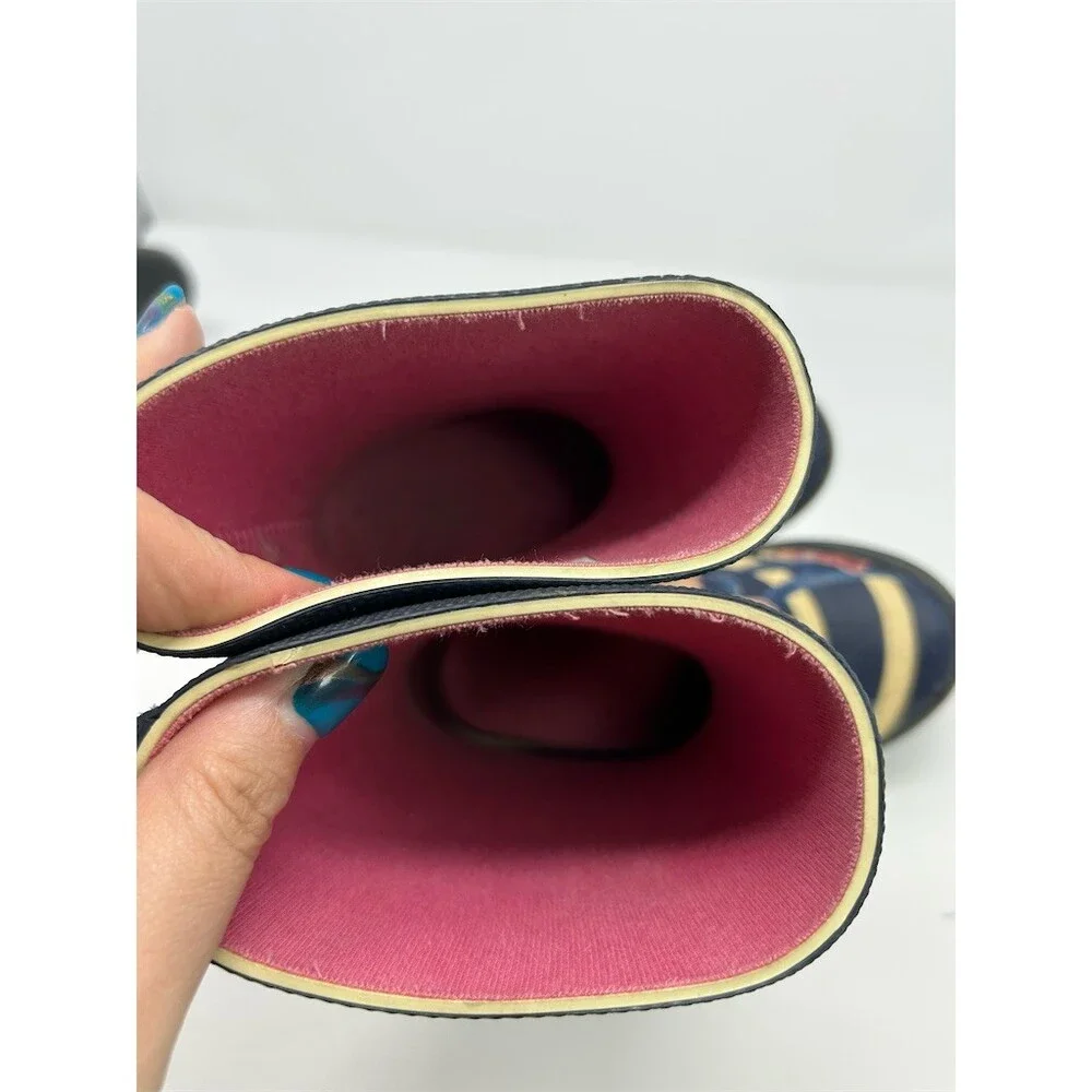Joules Girls Welly Rain Boots Navy Stripe Floral Buckle Pull-On Mid-Calf Size 9